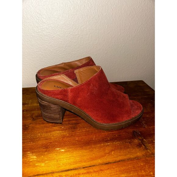 Lucky Brand Dalliey Burnt Henna Leather Suede Mules Open Toe Stacked 3" Heels - Picture 3 of 7